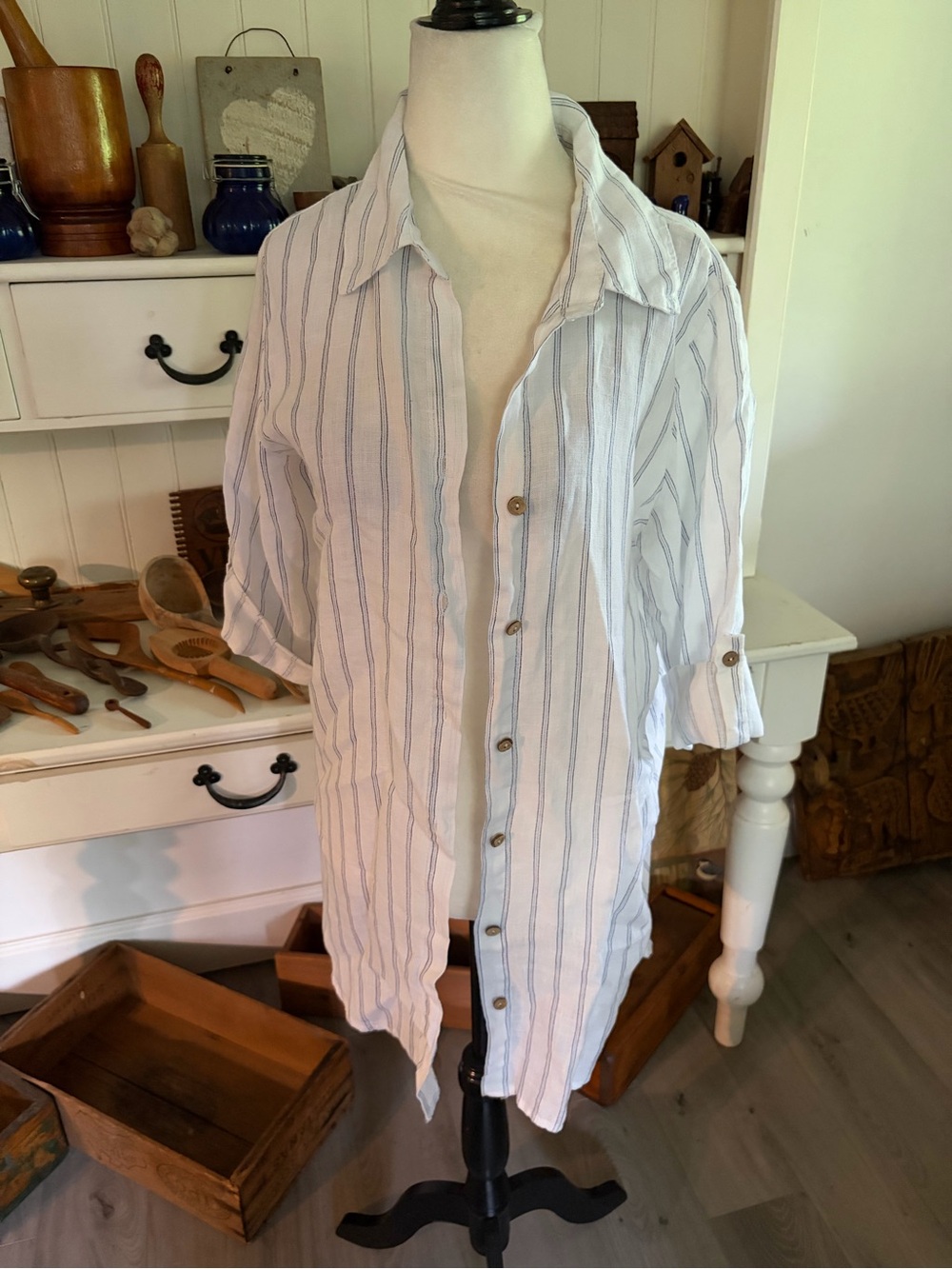 Rosemarine Lightweight White Button-Front Striped Tunic